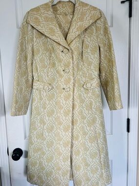 VTG 60s Edith Flagg California Luxury Brocade Dress & Coat Set Green Gold 4 S